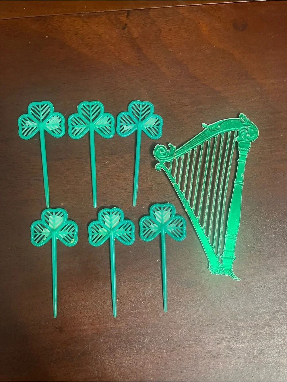 Lot of Vintage St. Patrick's Day Shamrock Cupcake Toppers & Paper Harp